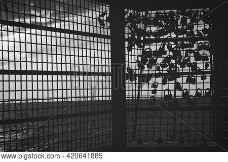 210501 Malmo Sweden - Black And White Photo Over Pier Of Love Locks. High Quality Photo