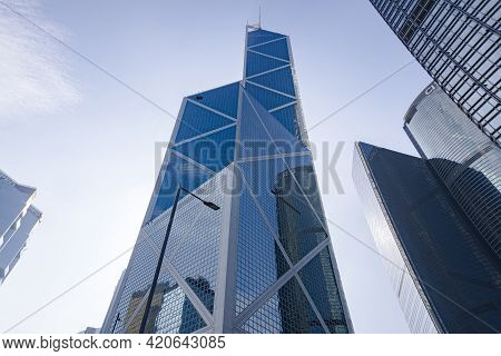 Hong Kong - November 2020 : Bank Of China Tower In Central.  The Building Consisting Of Triangular F