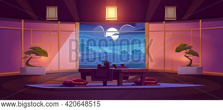 Traditional Japanese Room With Cups And Teapot On Table, Red Cushions And Bonsai. Japanese Tea Cerem