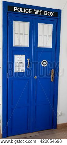 London , Uk Great Britain - 05 14 2021 : Police Public Call Phone Box Blue Traditional Tardis From D