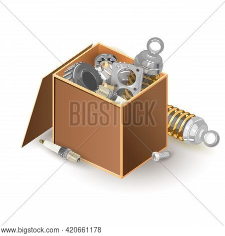 Cartoon Big Open Package Of Handyman Instruments To Repair Broken Things. Vector Metal Details, Bolt