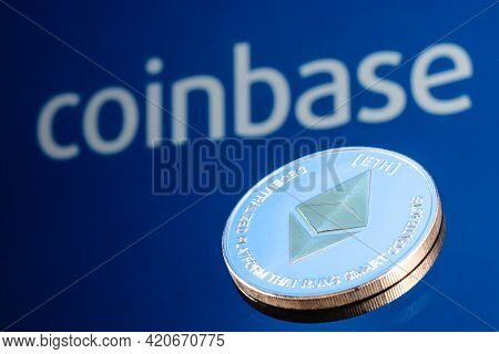 Kazan, Russia - May 16, 2021: Coinbase, Is An American Company That Operates A Cryptocurrency Exchan