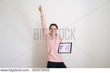 Young Millennial Woman Happy On Her Fire Movement. Financial Independence, Retire Early Concept. Liv