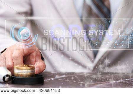 Businessman Finger Print Press  Button On Virtual Screen. Free Space For Text, Technology Tuch Virtu