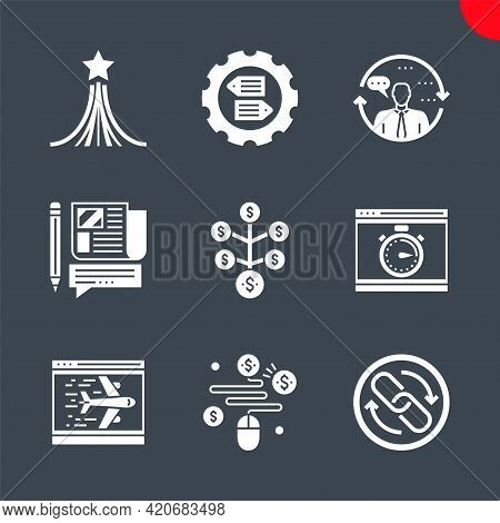 Seo Related Vector Glyph Icons Set. Pay Per Click, Press Relise, Return On Investment, Landing Page,