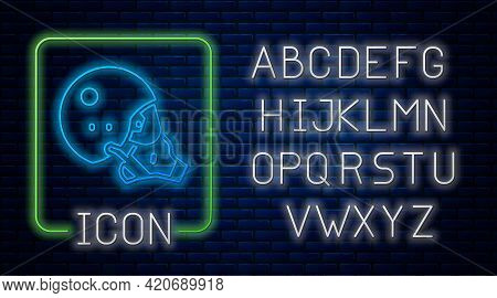 Glowing Neon Modern Pilot Helmet Icon Isolated On Brick Wall Background. Neon Light Alphabet. Vector
