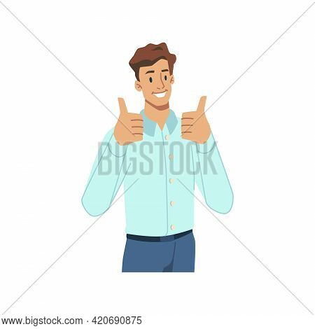 Cheerful Male Character In Formal Suit Showing Thumbs Up, Isolated Successful Businessman Gesturing.