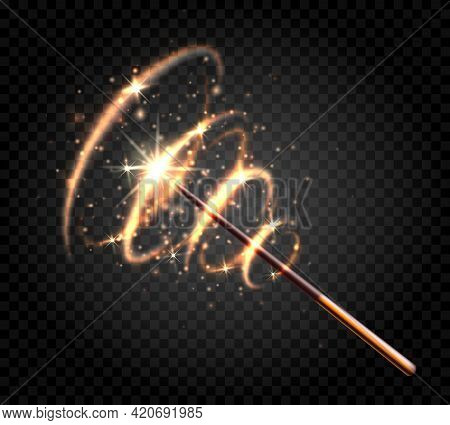 Fairytale Magical Wand. Wizard Stick With Glowing Sparkles In Dark For Miracle Spell, Mystery Object
