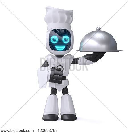 Little Robot Cook Holding Serving Cloche, Chef Robot 3d Rendering