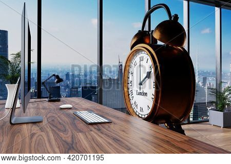 Large Vintage Personified Alarm Clock Sitting In Front Of Modern Workplace With Skyline View; Concep