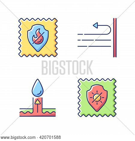 Different Fabric Features Vector Flat Color Icon Set. Fireproof Textile Property. Windproof And Uv P