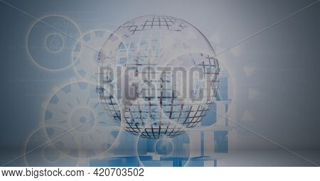 Composition of cogs working over globe on blue background. global ideas and thinking concept digitally generated image.