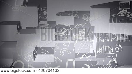 Composition of business and finance icons over 3d blocks. global finance, business, ideas and thinking concept digitally generated image.