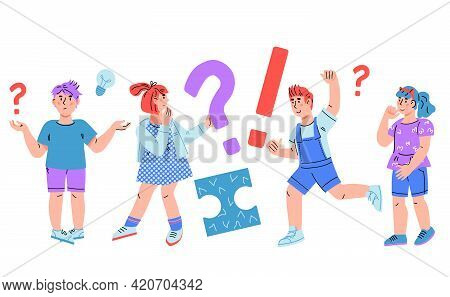 Thinking, Doubting And Confused Children Have Questions, Asking And Doubting. Smart Kids Thinking An