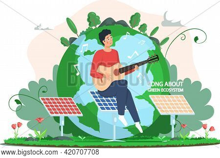Man Is Playing Guitar Sitting On Solar Panel. Guy Singing Songs About Green Ecosystem, Person Restin