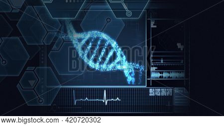 Composition of dna strand, chemical compounds and medical data processing on screen. data processing, technology, science and medicine concept digitally generated image.
