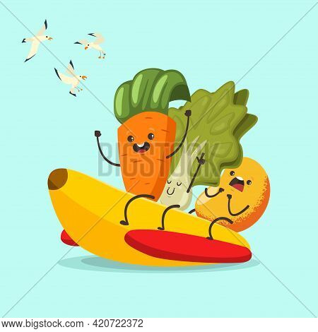 Funny Carrot, Lettuce And Mango On A Banana Rubber Boat. Vector Cartoon Character Of Cute Fruit And 