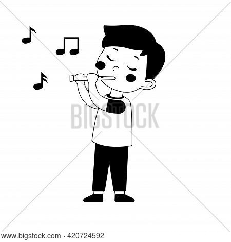 Black And White Cute Boy Playing On A Musical Instrument Recorder
