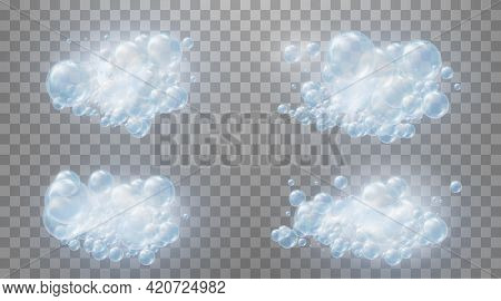 Realistic Set Blue Foam Soap With Bubbles.