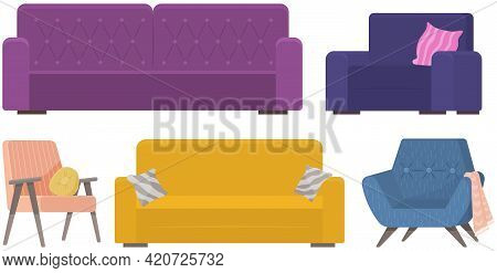 Set Of Sofa Illustrations On Theme Of Leisure Furniture. Couch With Colorful Pillows Vector. Sofas I
