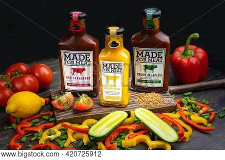 Kazan, Russia. May 12, 2021. Kuhne Made For Meat Tomato Sauces