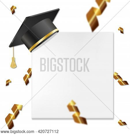 Ceremony Hat With White Paper Bannera And Confetti. Vector Education Isolated On White Background