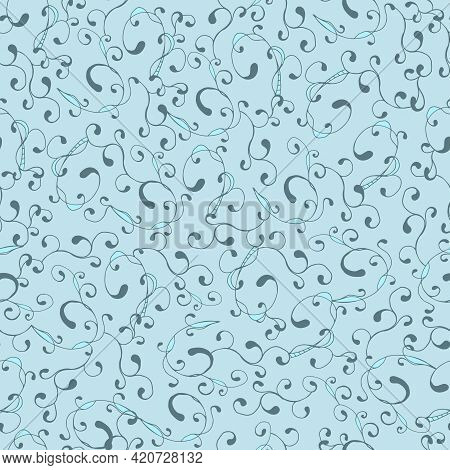 Light Blue Seamless French Style Print. Abstract Background With Vectron Curls For Fabric, Homemade 