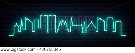 Blue Neon Skyline Of Tallinn. Bright Tallinn City Long Banner. Vector Illustration.