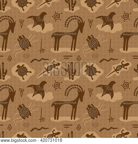 Cave Art. Rock Paintings With Primitive Animals, Seamless Vector Pattern. Illustration With Deer, Tu