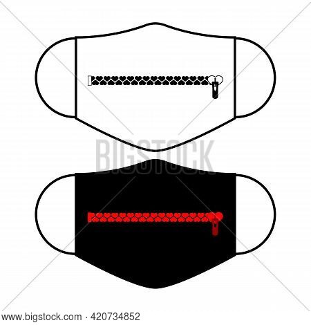 Set Of Designs Of Reusable Mouth Masks With Zipper And Hearts In Vector. Black And White Face Protec