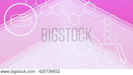 Composition of white chemical compounds structures on white and pink background. global research, medicine and science concept digitally generated image.