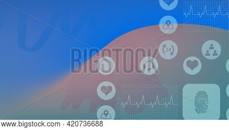 Composition of digital medical icons processing with copy space on red and blue background. global research, medicine and science digital interface concept digitally generated image.