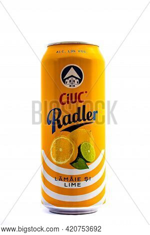 Can Of Ciuc Radler Beer Isolated On White. Illustrative Editorial Photo Shot In Bucharest, Romania, 