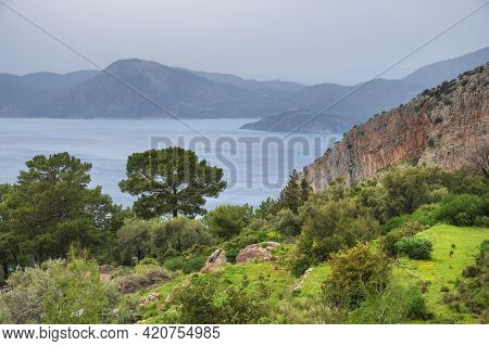 View Of The Aegean Sea From The Lycian Trail Near Faralya And Oludeniz Villages With Mountains And G