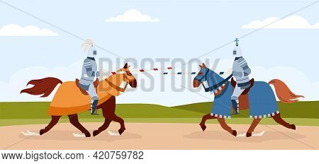 Knights Tournament Of Horsemen Armed With Lances, Flat Vector Illustration.