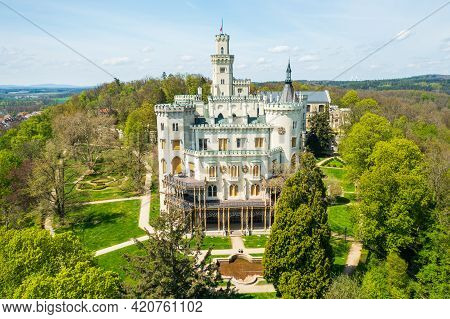 Aerial View On The Castle In Hluboka Nad Vltavou, Historic Chateau With Beautiful Gardens Near Ceske