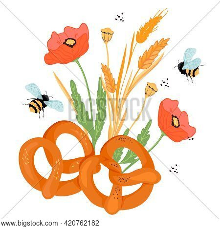Pretzels With Ears, Poppy Flowers And Other Plants Elements, Flat Vector Illustration Isolated On Wh