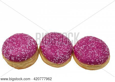 Close Up View Of Pink  Donuts Sprinkled With White Glaze Isolated On White Background. Food And Drin