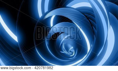 3d Render. Abstract Geometric Bg With Rings Form Complex Twisted Spiral And Light Effects. Rings Fla
