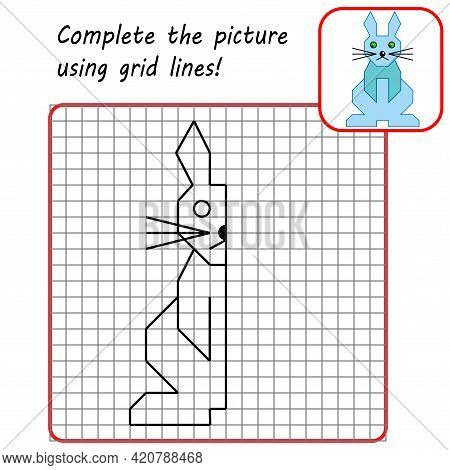 Educational Game For Kids. Simple Exercise Rabbit. Drawing Using Grid. Symmetrical Drawing. Vector I