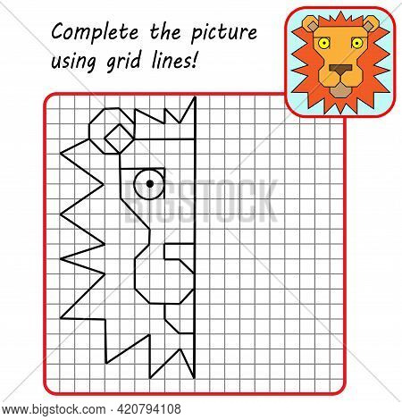 Educational Game For Kids. Simple Exercise Lion. Drawing Using Grid. Symmetrical Drawing. Vector Ill