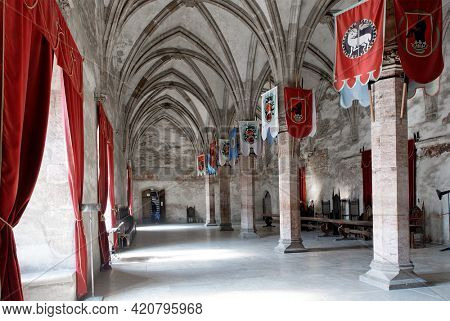 HUNEDOARA, ROMANIA - MAY 7, 2021: Architectural details of Corvin Castle, also known as Hunyadi Castle or Hunedoara Castle, Hunedoara County, Transylvania, Romania