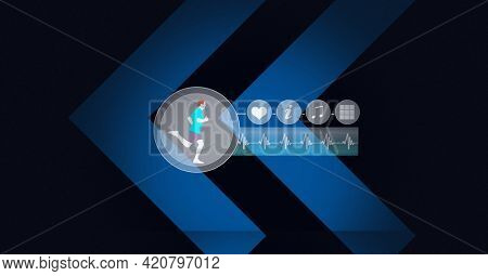 Composition of sports icons with data processing and blue arrows on black background. global sports, physical activity, medicine and data processing concept digitally generated image.