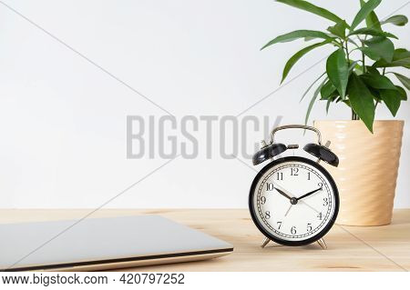 Classic Black Alarm Clock, Laptop And Potted Plant On Wooden Table With White Background And Copy Sp