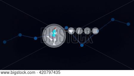 Composition of sports icons with data processing and blue connections on black background. global sports, physical activity, medicine and data processing concept digitally generated image.