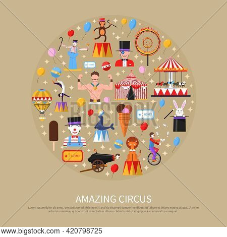 Amazing Circus Concept With Clown Gymnast Strongest Man And Magician Flat Vector Illustration