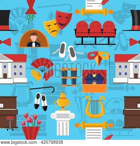Theatre Seamless Pattern With Stage And Performance Symbols On Blue Background Flat Vector Illustrat