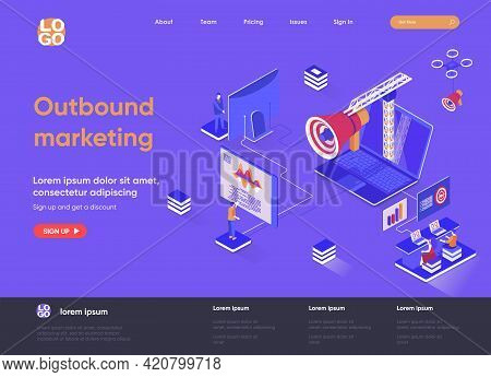 Outbound Marketing Isometric Landing Page. Online Advertising And Promotion In Social Media Isometry