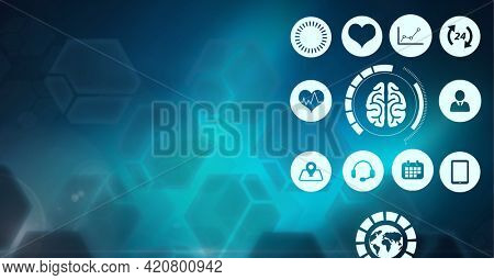 Composition of network of medical icons on hexagons over glowing blue background. global science, medicine and research concept digitally generated image.