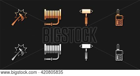 Set Firefighter Axe, Hose Reel, And Walkie Talkie Icon. Vector